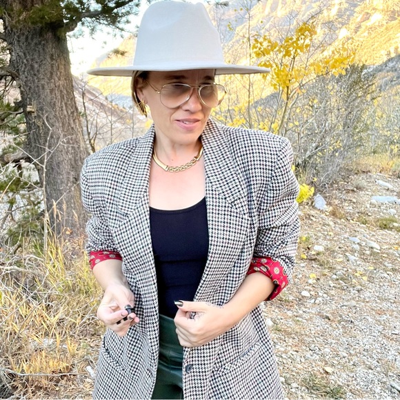 Vintage Made in USA Wool Blend Riding Style Classic Herringbone Plaid Blazer - Picture 5 of 11